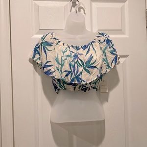 F21 Tropical print rayon crop top, off shoulder, Sz S